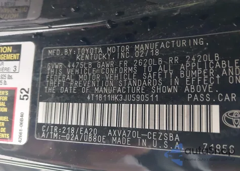 2018 Toyota Camry Se z USA, uszkodzony, nr VIN 4T1B11HK3JU590511